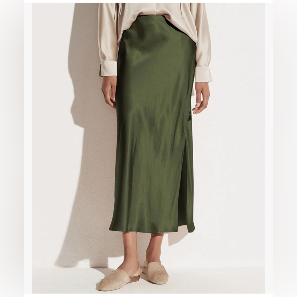 NWOT Olive Green Satin Midi Slip Skirt with Side Slit | Size Small | Fall skirt